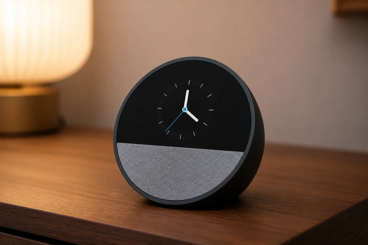 Black Amazon Echo Spot 2024 smart alarm clock on a walnut bedside table