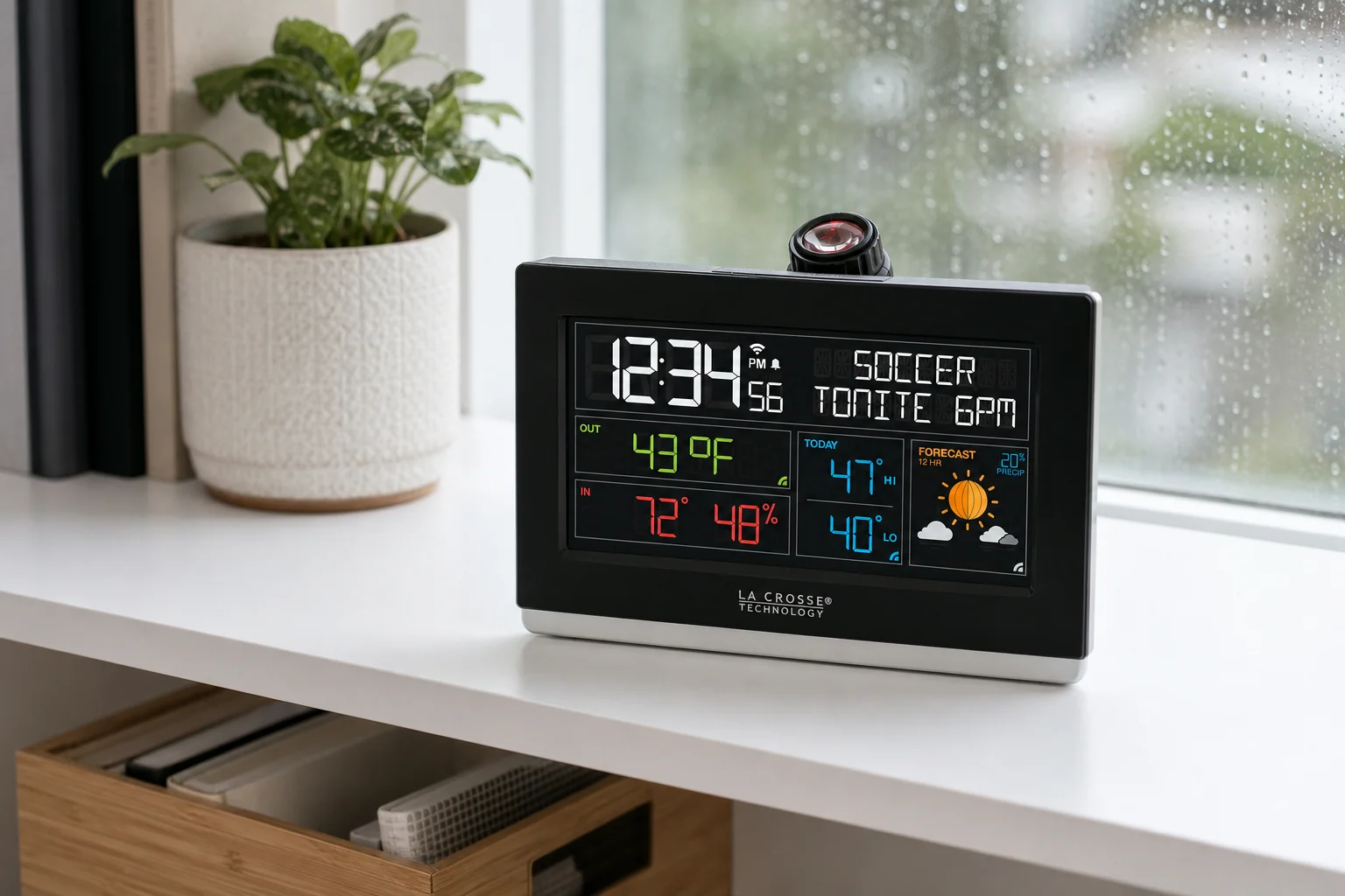 La Crosse C82929v2 smart projection alarm clock on a bright shelf by a rainy window