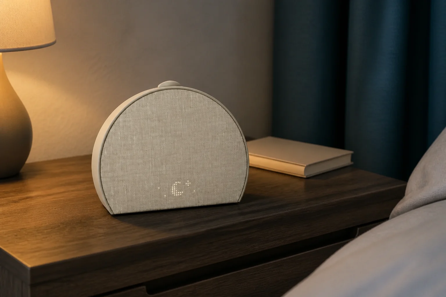 Hatch Restore 3 smart sleep clock on a walnut bedside table at night